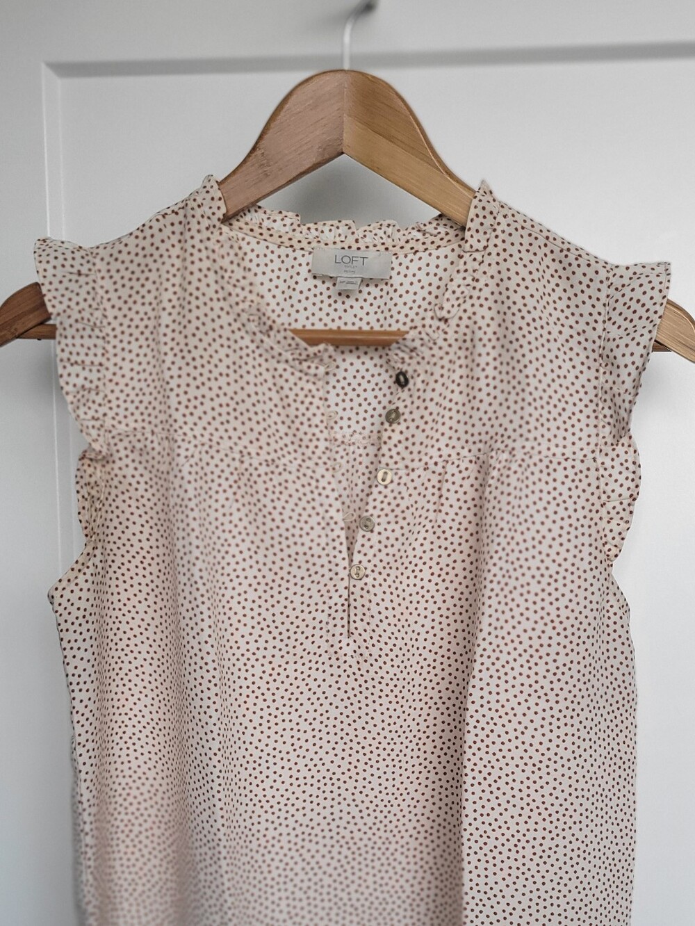 LOFT Cream Blouse with Brown Polka Dots and Ruffle Cap Sleeves